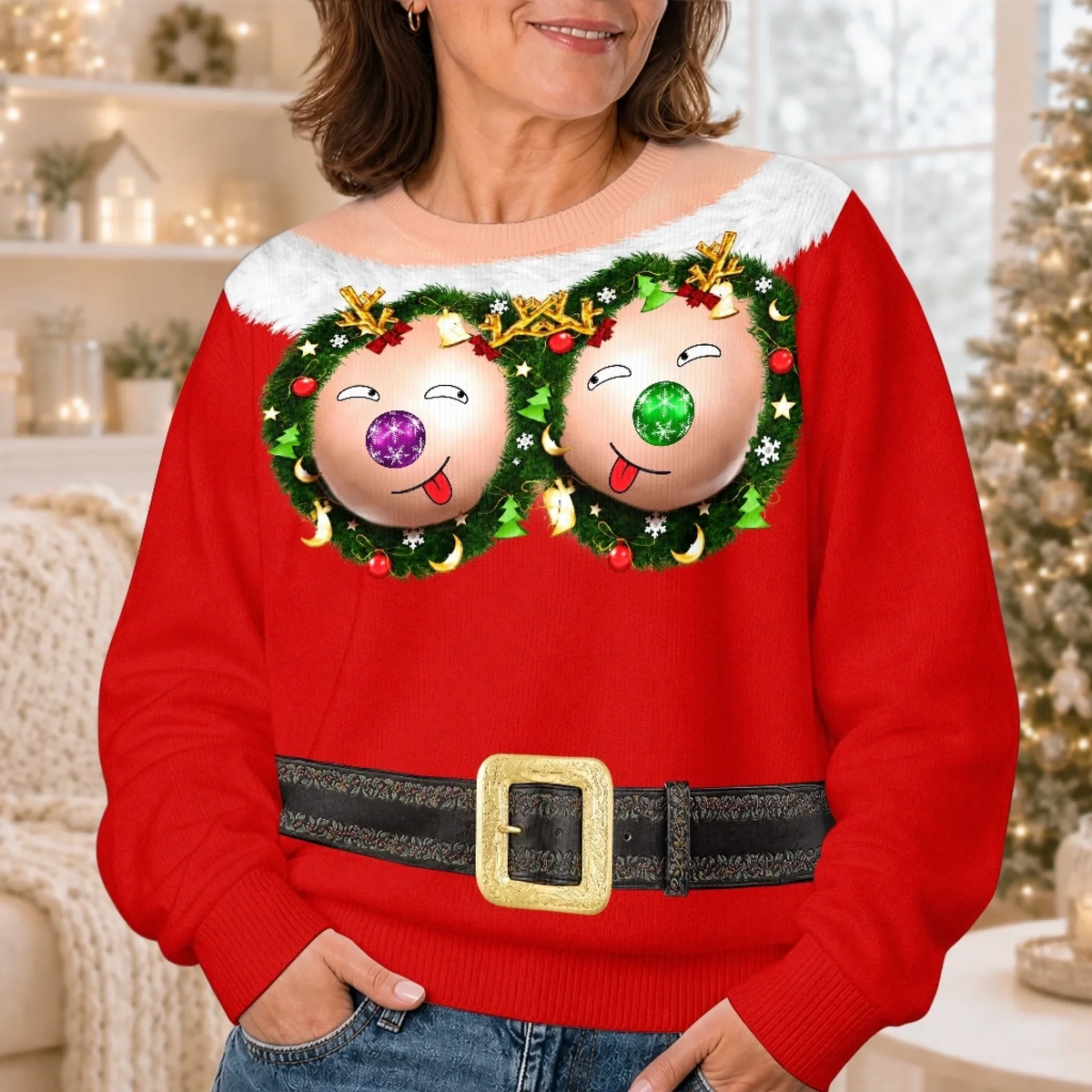 Funny Christmas Bauble Face Print Funny Ugly Xmas Jumper Sweater