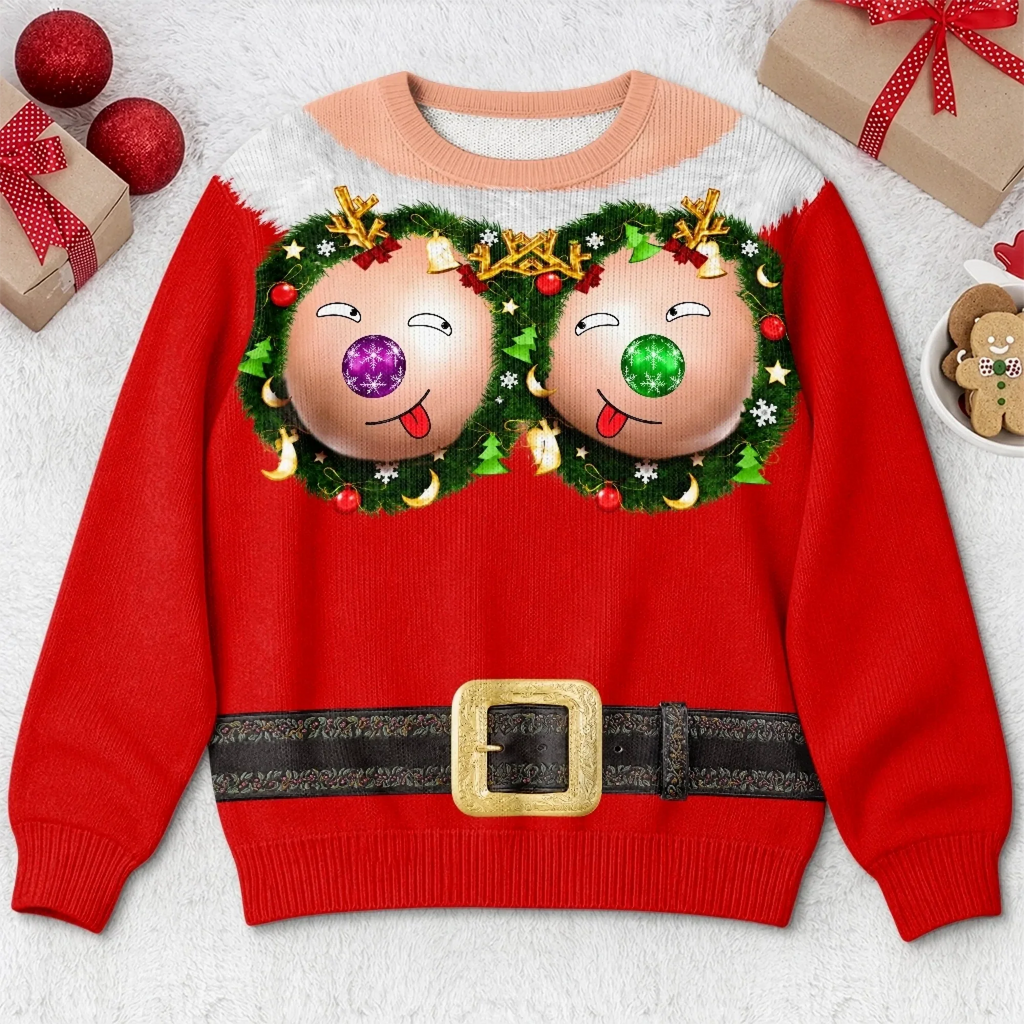 Funny Christmas Bauble Face Print Funny Ugly Xmas Jumper Sweater