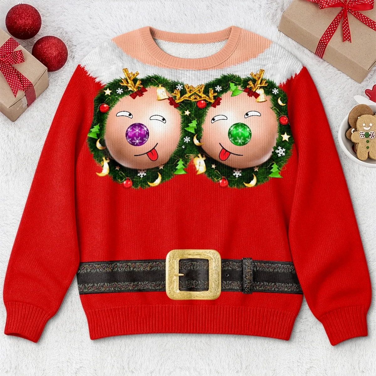 Funny Christmas Bauble Face Print Funny Ugly Xmas Jumper Sweater