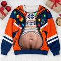 Funny Christmas Belly Holiday Lights & Jacket Print Ugly Christmas Pullover Sweater