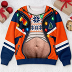 Funny Christmas Belly Holiday Lights & Jacket Print Ugly Christmas Pullover Sweater