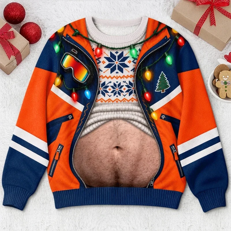 Funny Christmas Belly Holiday Lights & Jacket Print Ugly Christmas Pullover Sweater
