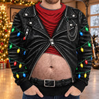 Funny Christmas Biker Belly Faux Leather Jacket Holiday Pullover Sweater