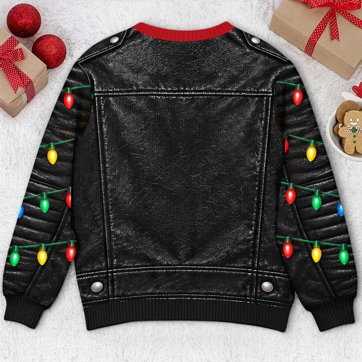Funny Christmas Biker Belly Faux Leather Jacket Holiday Pullover Sweater