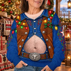 Funny Christmas Cowboy Belly Western Holiday Lights Pullover Sweater