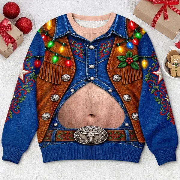 Funny Christmas Cowboy Belly Western Holiday Lights Pullover Sweater