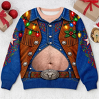 Funny Christmas Cowboy Belly Western Holiday Lights Pullover Sweater