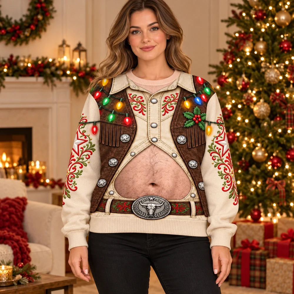 Funny Christmas Cowboy Belly Western Holiday Lights Pullover Sweater