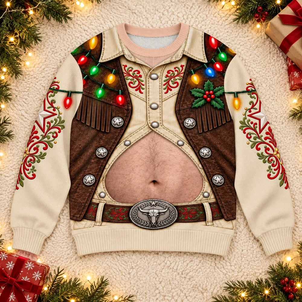 Funny Christmas Cowboy Belly Western Holiday Lights Pullover Sweater