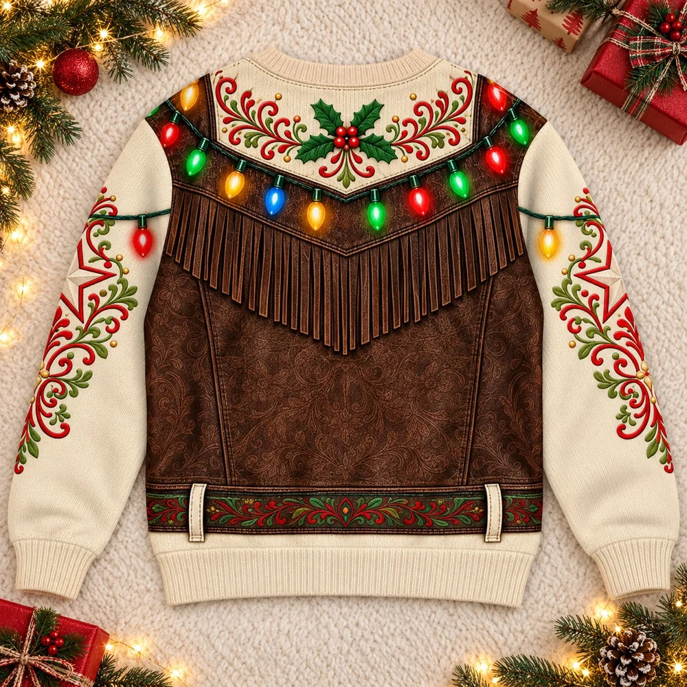 Funny Christmas Cowboy Belly Western Holiday Lights Pullover Sweater