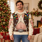 Funny Christmas Cowboy Belly Western Holiday Lights Pullover Sweater