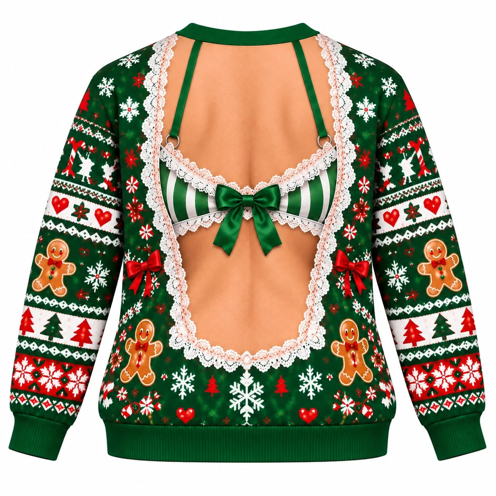 Funny Christmas Faux-Lace Lingerie Festive Green Holiday Pullover Sweater