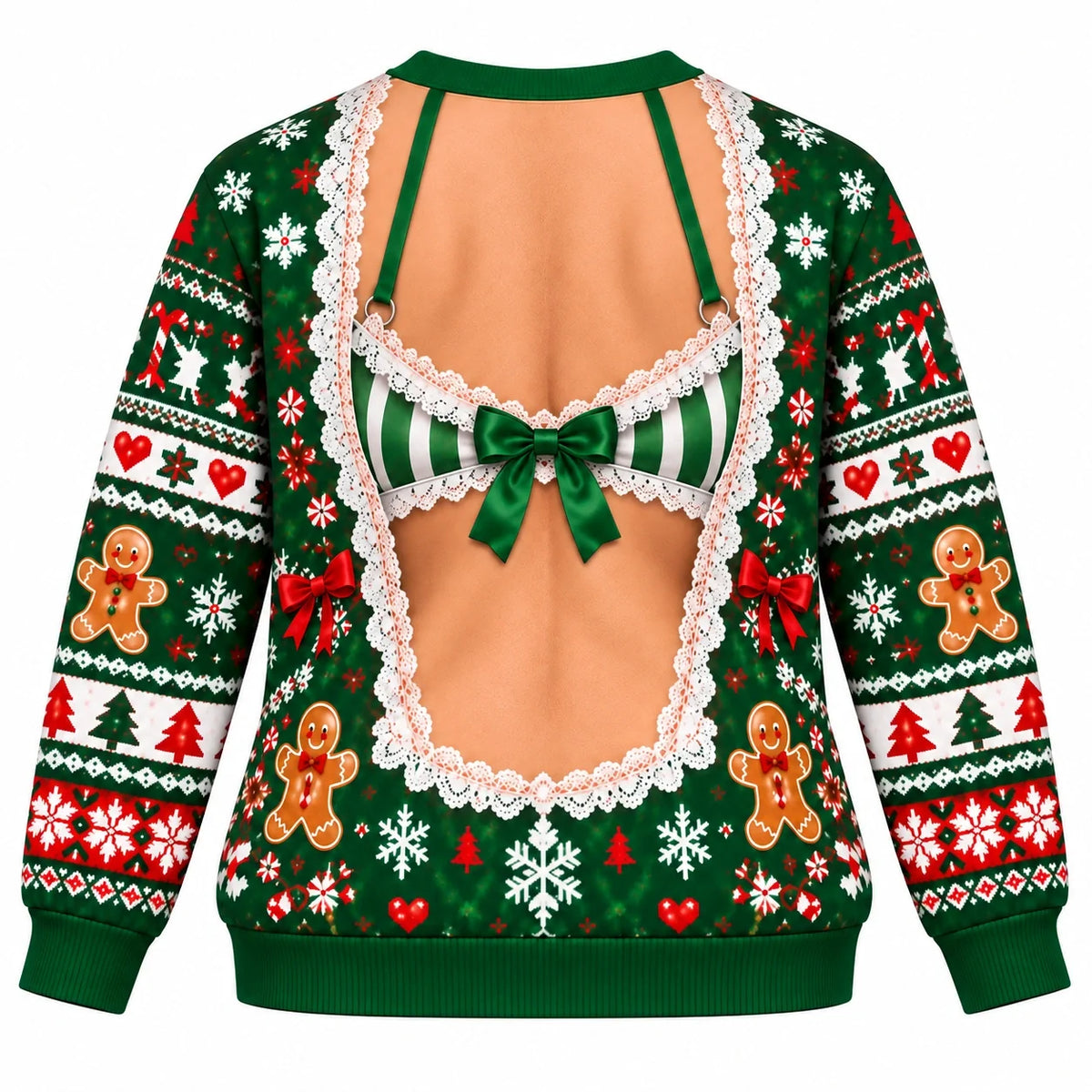 Funny Christmas Faux-Lace Lingerie Festive Green Holiday Pullover Sweater