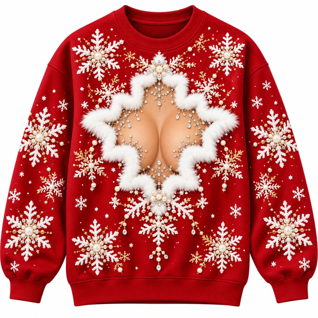 Funny Christmas Faux Skin Snowflake Red Festive Holiday Pullover Sweater