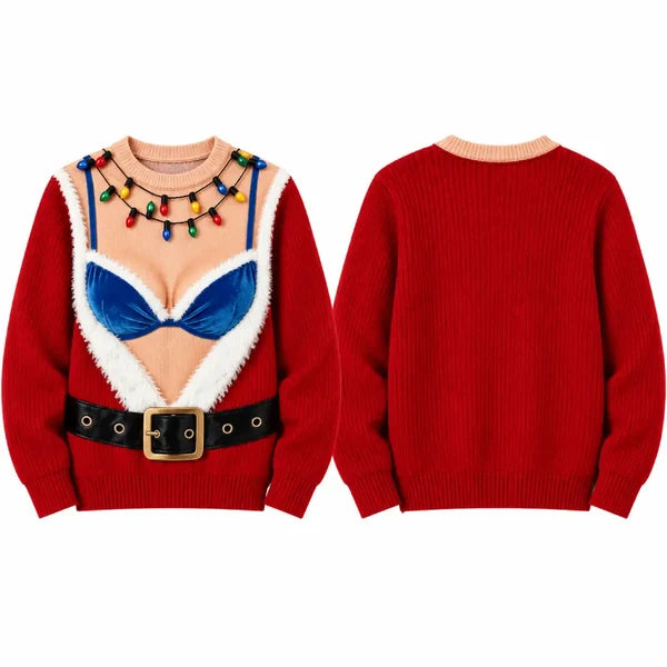 Funny Christmas Illusion Blue Lingerie & Santa Belt Print Sweater