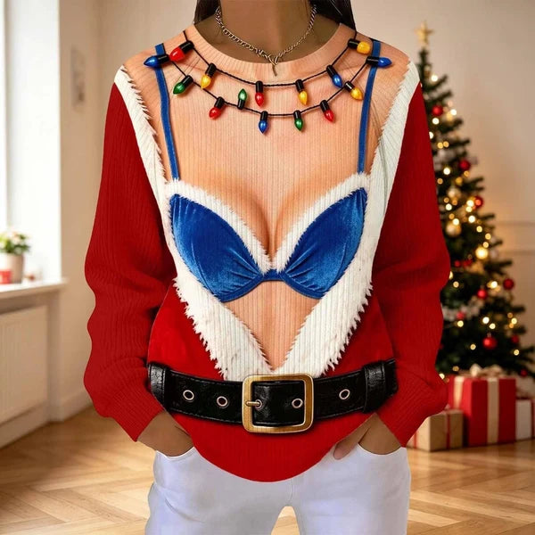 Funny Christmas Illusion Blue Lingerie & Santa Belt Print Sweater