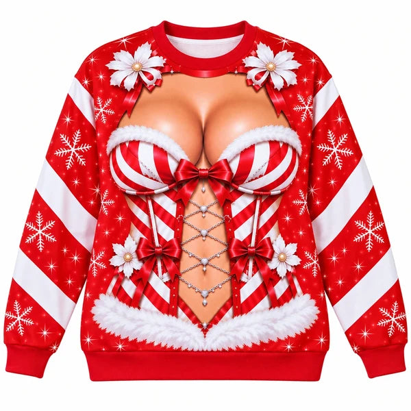 Funny Christmas Illusion Sweater – Santa Corset Body Digital Print Holiday Crewneck