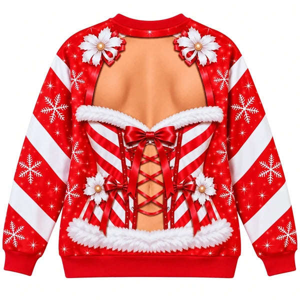 Funny Christmas Illusion Sweater – Santa Corset Body Digital Print Holiday Crewneck