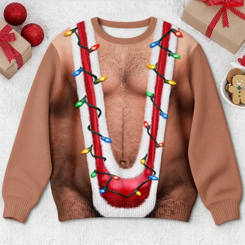Funny Christmas Light Fake Chest Print Festive Gag Party Sweater