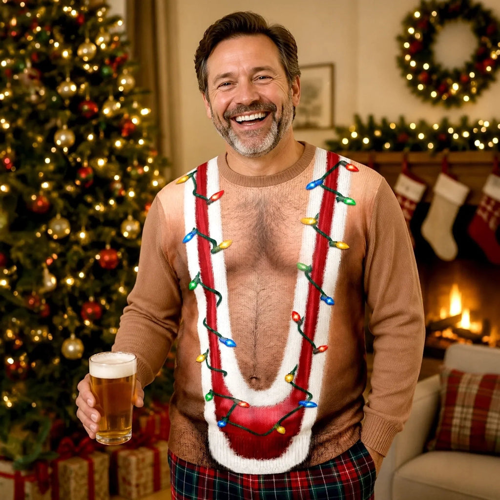 Funny Christmas Light Fake Chest Print Festive Gag Party Sweater