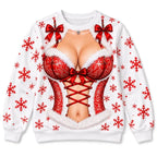 Funny Christmas Santa Corset Illusion Playful Snowflake Holiday Crewneck Sweater