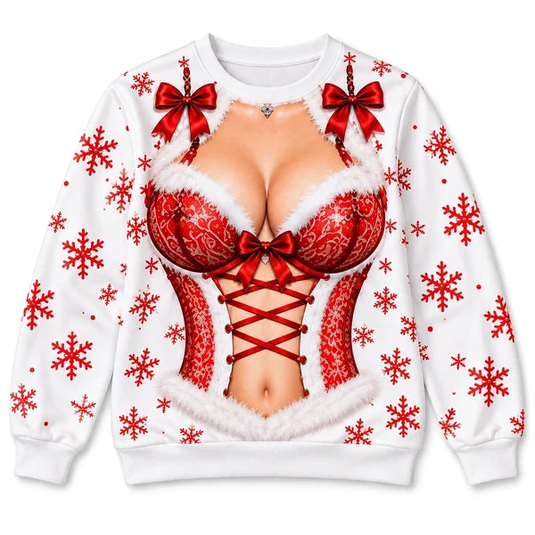 Funny Christmas Santa Corset Illusion Playful Snowflake Holiday Crewneck Sweater