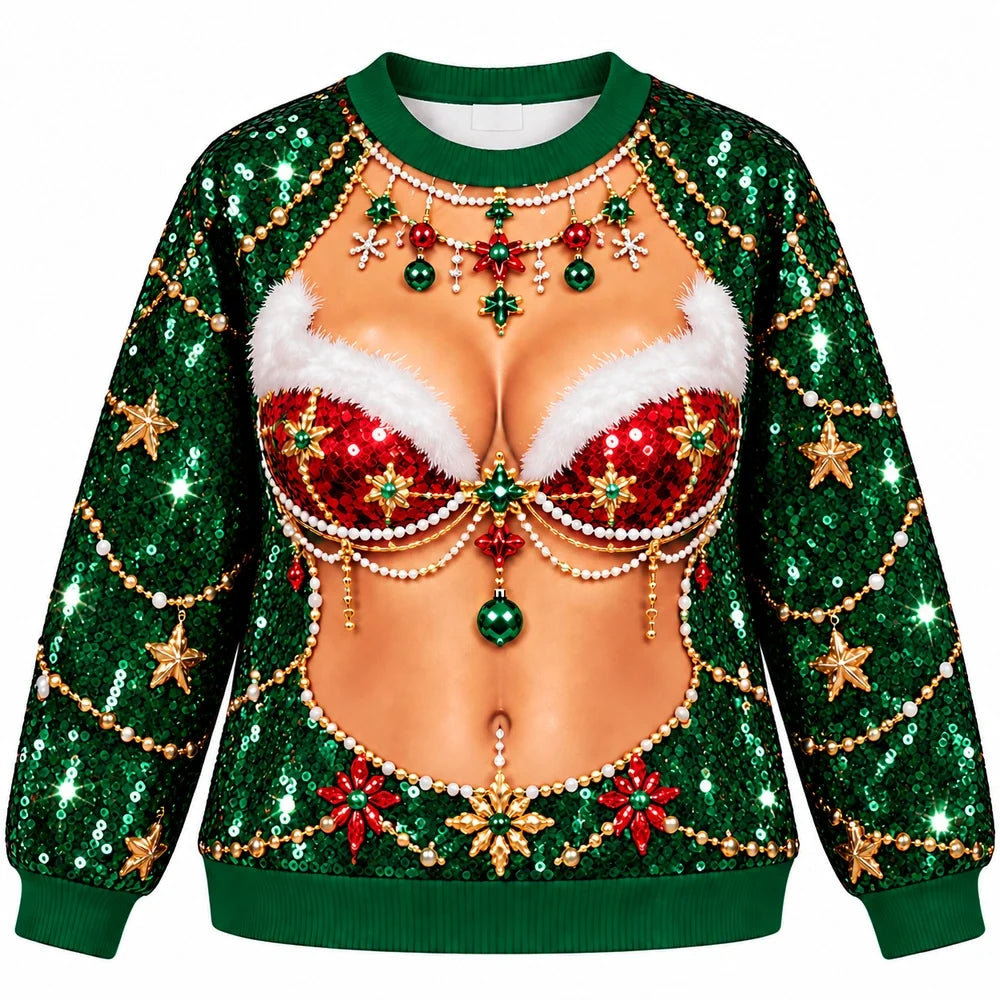 Funny Christmas Sequin Festive Santa Bra Illusion Holiday Top Sweater