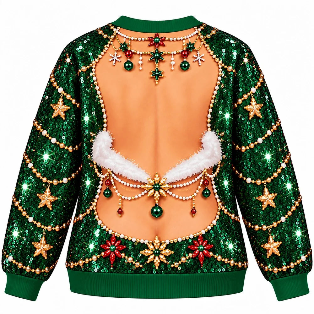 Funny Christmas Sequin Festive Santa Bra Illusion Holiday Top Sweater