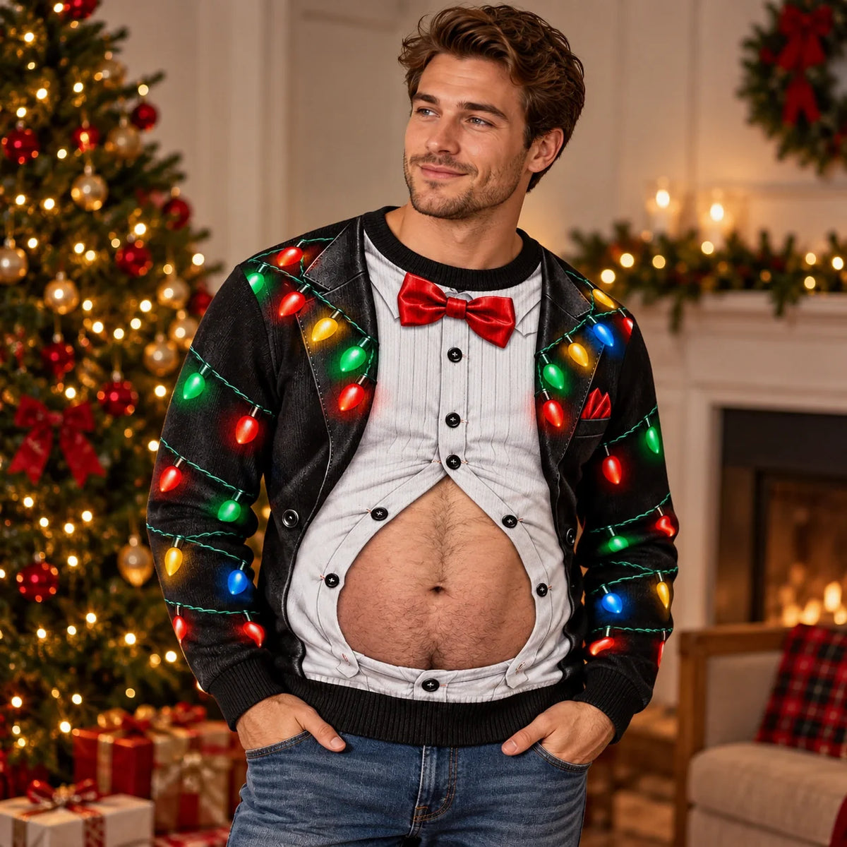 Funny Christmas Tuxedo Belly Festive Holiday Party Pullover Sweater
