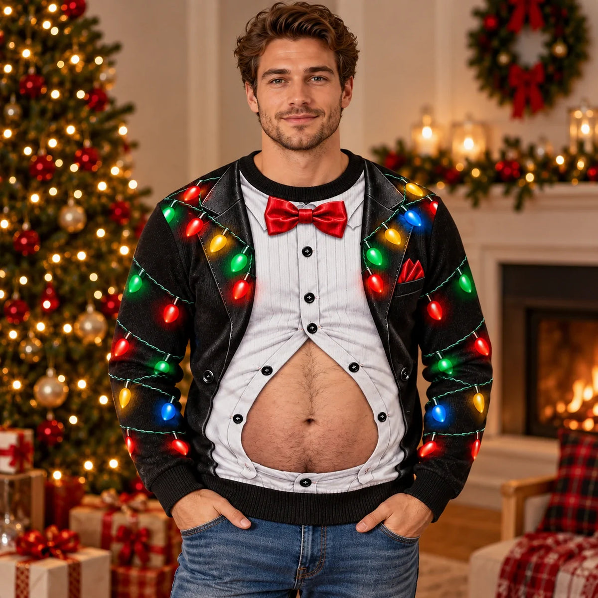 Funny Christmas Tuxedo Belly Festive Holiday Party Pullover Sweater