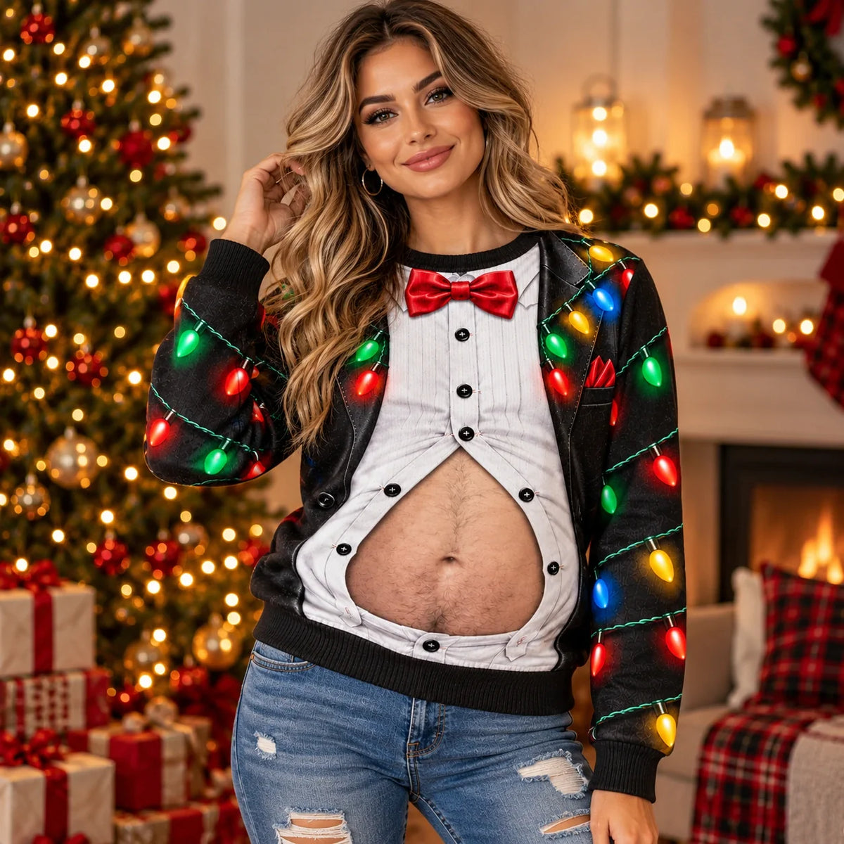Funny Christmas Tuxedo Belly Festive Holiday Party Pullover Sweater