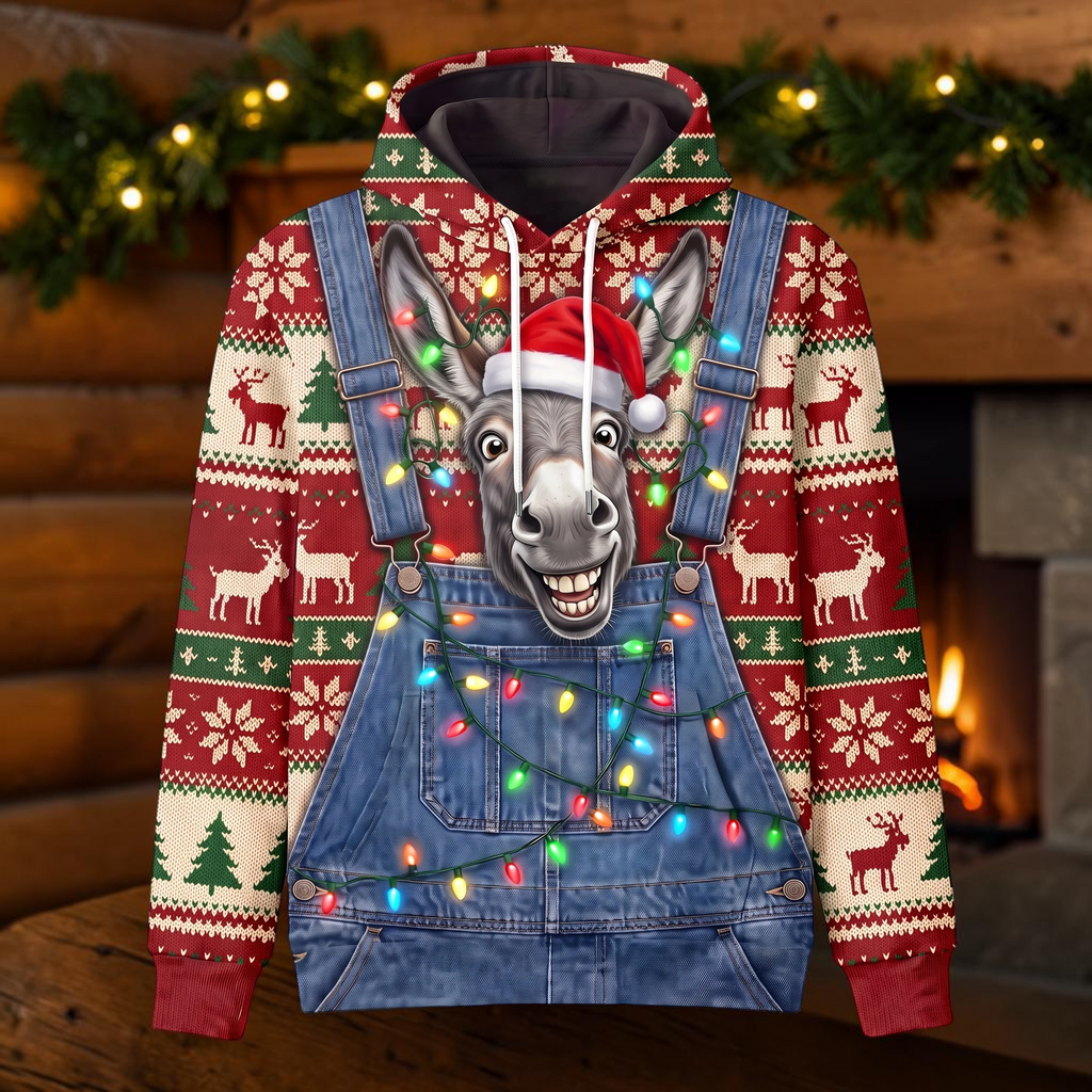 Funny Donkey Christmas Hoodie - Santa Donkey Overalls Ugly Christmas Sweater Style