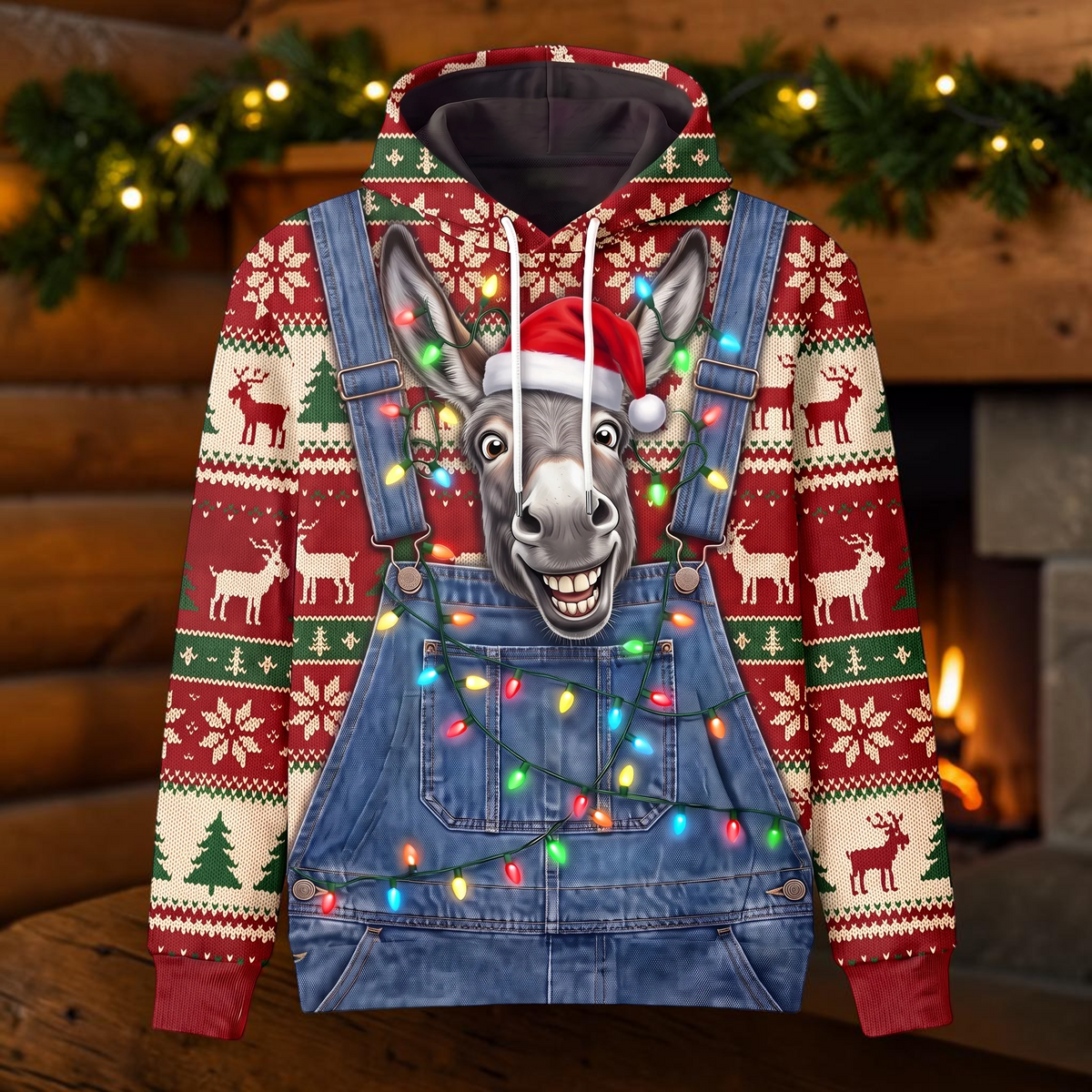 Funny Donkey Christmas Hoodie - Santa Donkey Overalls Ugly Christmas Sweater Style