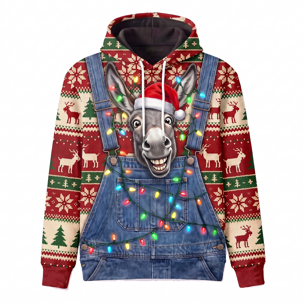 Funny Donkey Christmas Hoodie - Santa Donkey Overalls Ugly Christmas Sweater Style