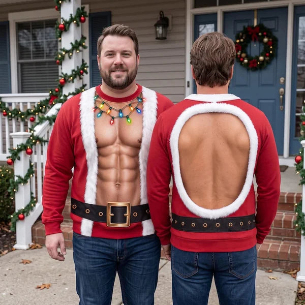Funny Double Sided Fake Abs Santa Hilarious Christmas Party Sweater