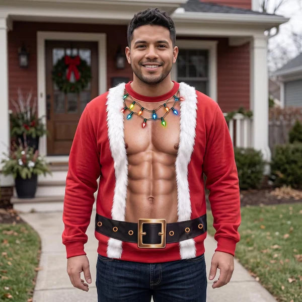 Funny Double Sided Fake Abs Santa Hilarious Christmas Party Sweater