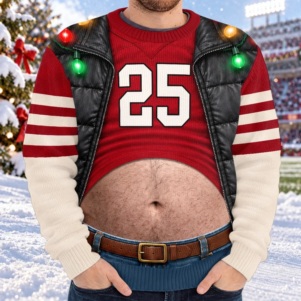 Funny Football Belly Illusion Christmas Game Day Pullover Ugly Sweater