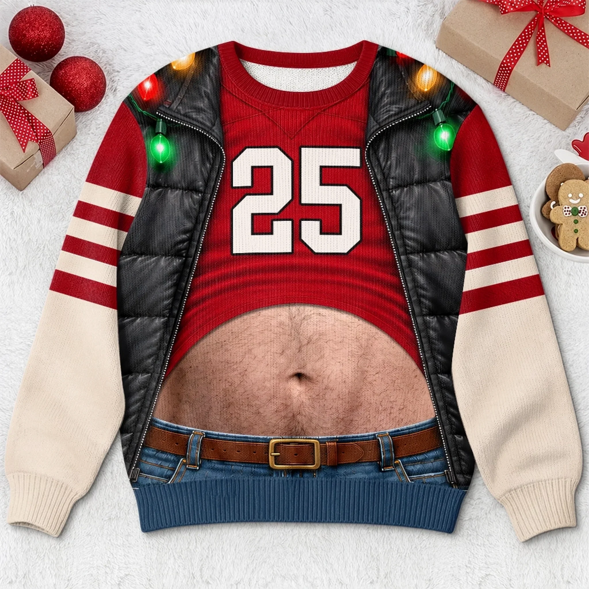 Funny Football Belly Illusion Christmas Game Day Pullover Ugly Sweater