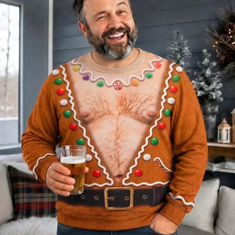 Funny Gingerbread Fake Chest Print Sweater