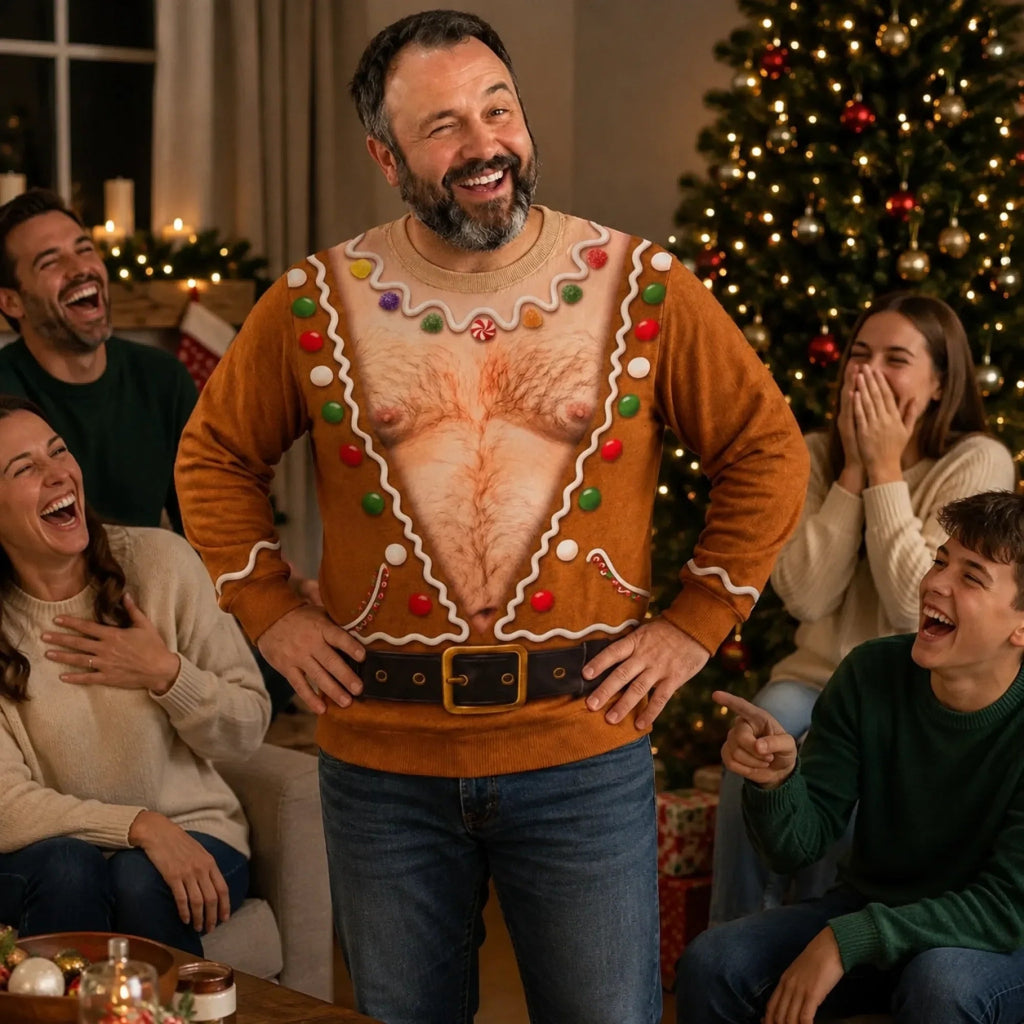 Funny Gingerbread Fake Chest Print Sweater