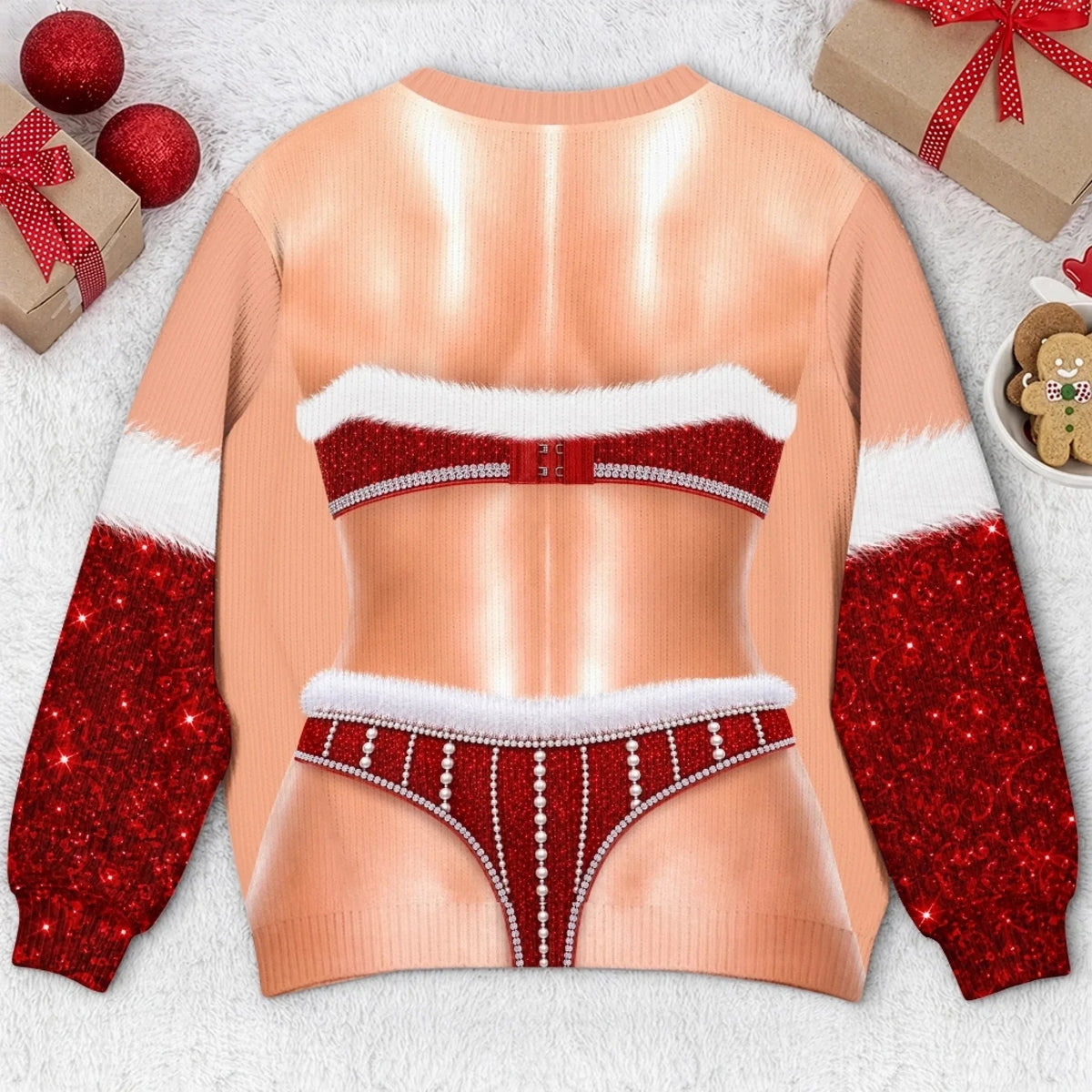 Funny Glam Santa Lingerie Print Eye-Catching Christmas Pullover Sweater
