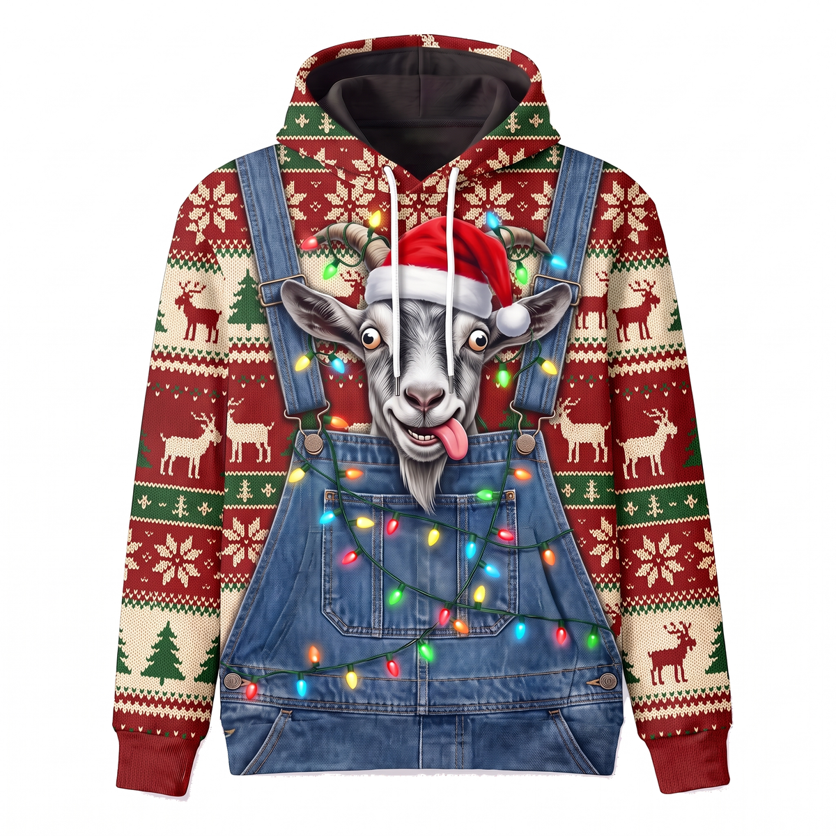 Funny Goat Christmas Hoodie - Santa Goat Overalls Ugly Christmas Sweater Style