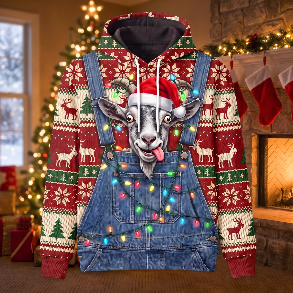 Funny Goat Christmas Hoodie - Santa Goat Overalls Ugly Christmas Sweater Style