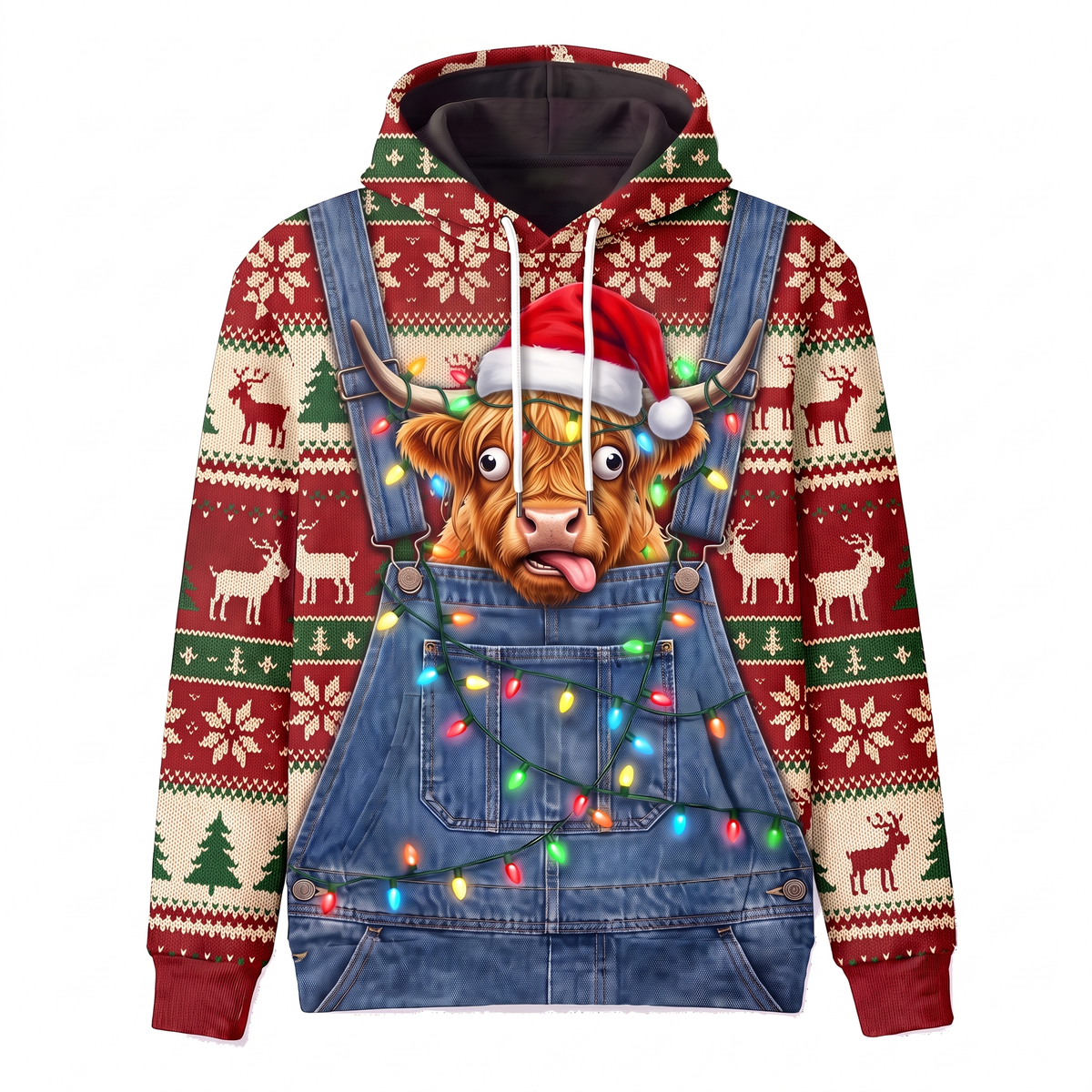 Funny Highland Cow Christmas Hoodie - Overalls Ugly Sweater Print