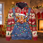 Funny Highland Cow Christmas Hoodie - Overalls Ugly Sweater Print