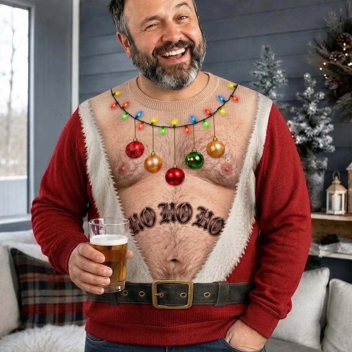 Funny Ho Ho Ho Christmas Ornament Print Ugly Christmas Pullover Sweater