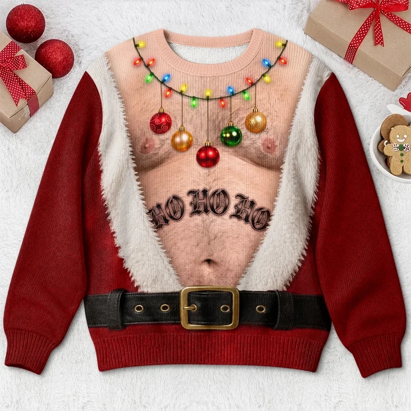 Funny Ho Ho Ho Christmas Ornament Print Ugly Christmas Pullover Sweater