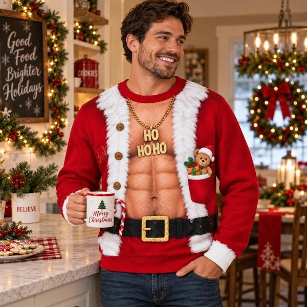 Funny Ho Ho Ho Fake Abs Santa Print Sweater – Christmas Gag Gift Jumper