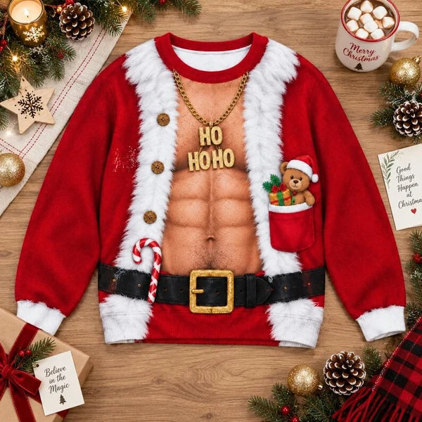 Funny Ho Ho Ho Fake Abs Santa Print Sweater – Christmas Gag Gift Jumper