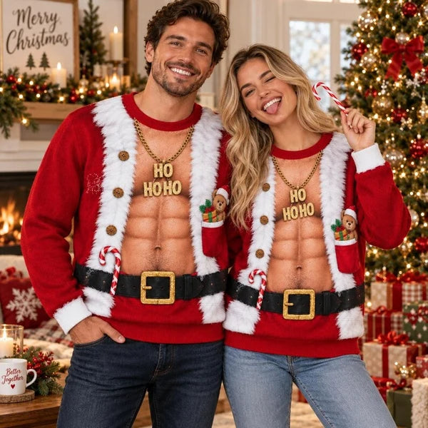 Funny Ho Ho Ho Fake Abs Santa Print Sweater – Christmas Gag Gift Jumper